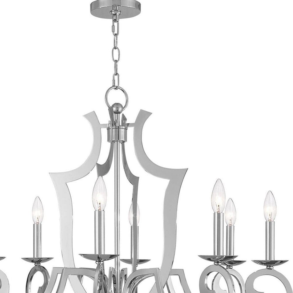 Silver Eight Light Metal Dimmable Chandelier With Shades