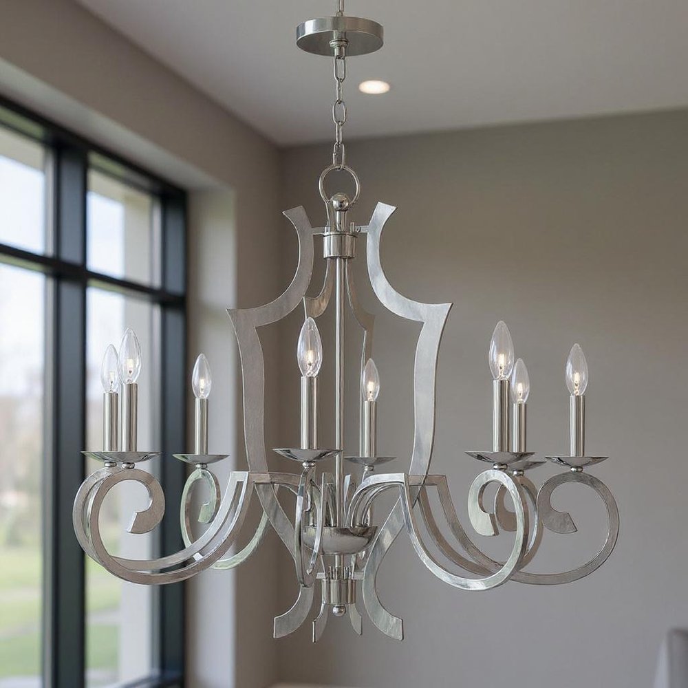 Silver Eight Light Metal Dimmable Chandelier With Shades