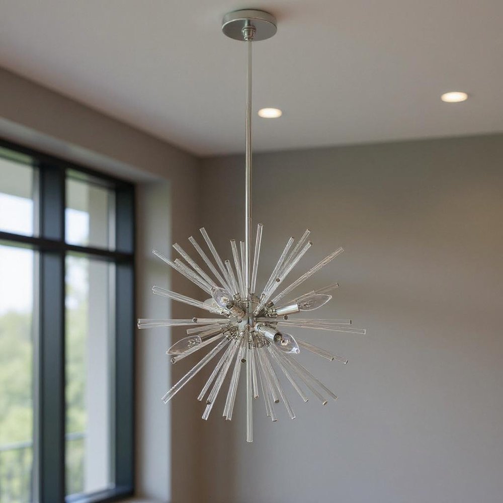 Silver Six Light Metal Dimmable Chandelier With Shades