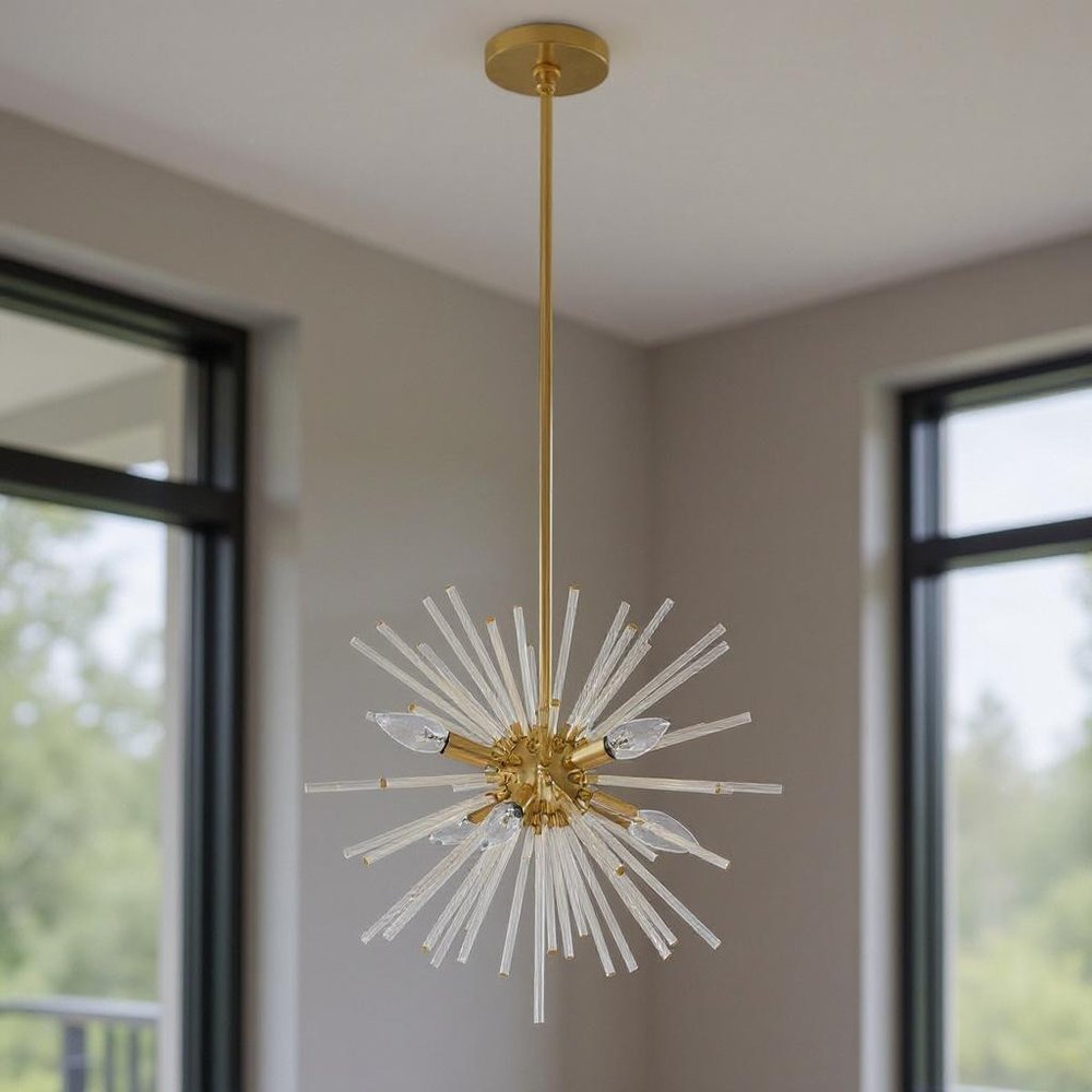 Brass Six Light Metal Dimmable Chandelier With Shades