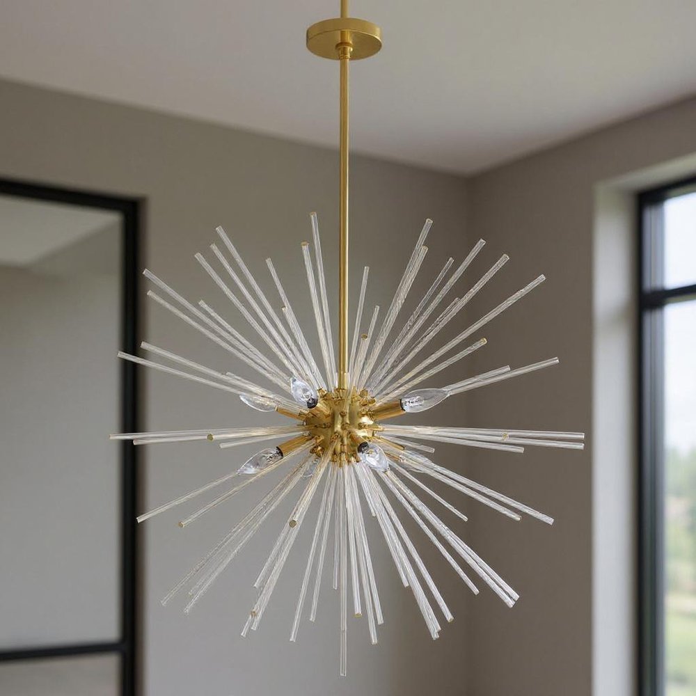 Brass Eight Light Metal Dimmable Chandelier With Shades