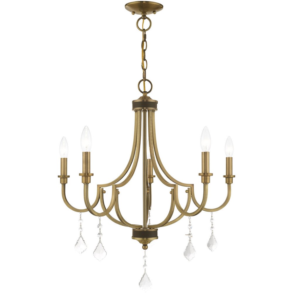 Antiqued Brass Five Light Metal Dimmable Chandelier With Shades
