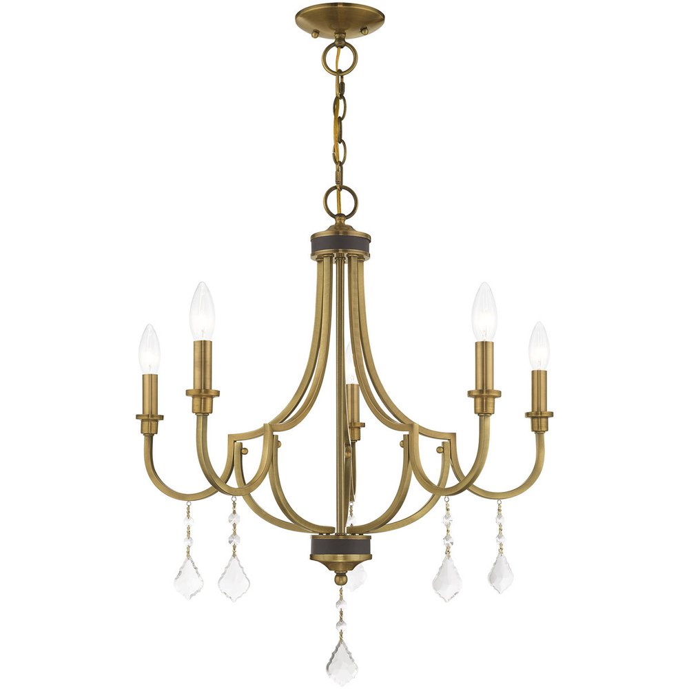 Antiqued Brass Five Light Metal Dimmable Chandelier With Shades