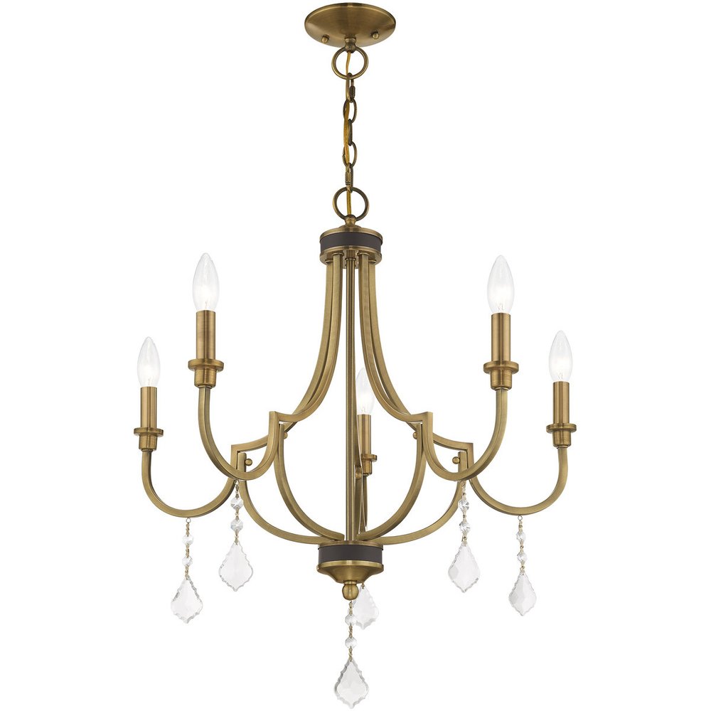 Antiqued Brass Five Light Metal Dimmable Chandelier With Shades