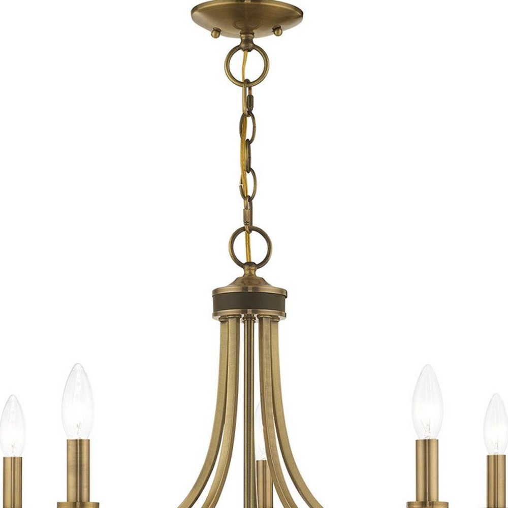 Antiqued Brass Five Light Metal Dimmable Chandelier With Shades