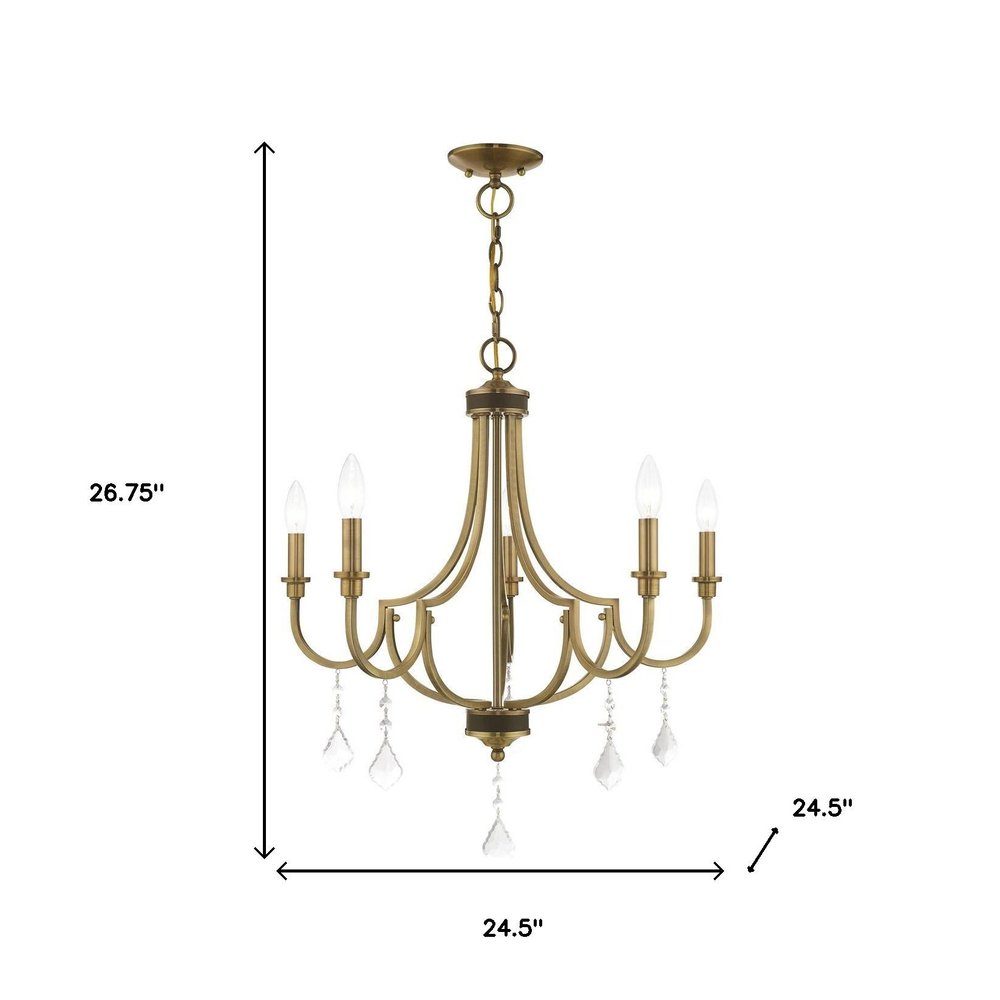 Antiqued Brass Five Light Metal Dimmable Chandelier With Shades