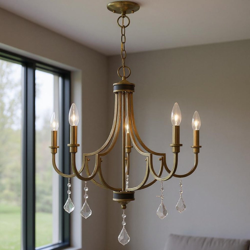 Antiqued Brass Five Light Metal Dimmable Chandelier With Shades