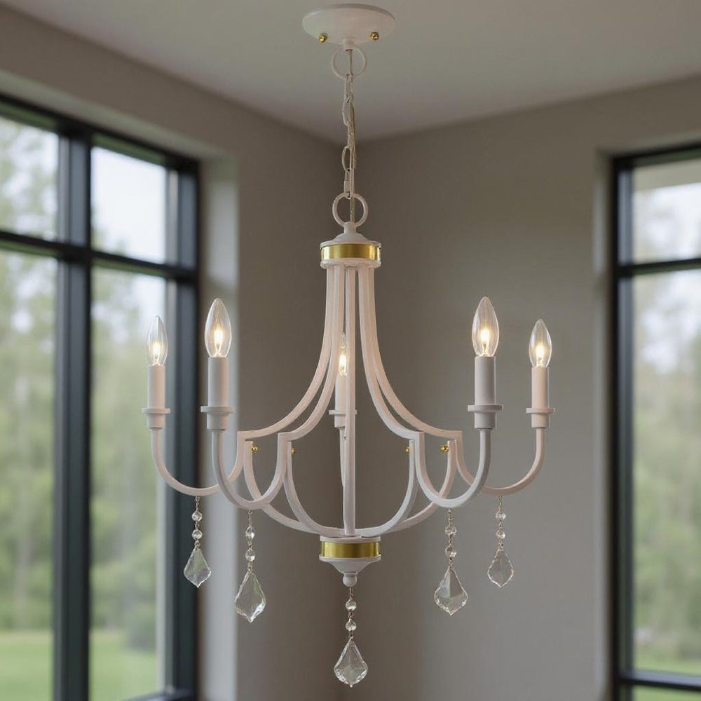 White Five Light Metal Dimmable Chandelier With Shades