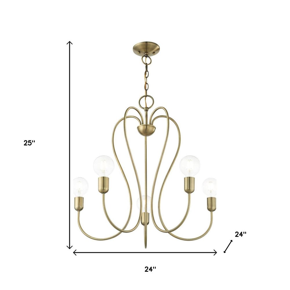 Antiqued Brass Five Light Metal Dimmable Chandelier With Shades