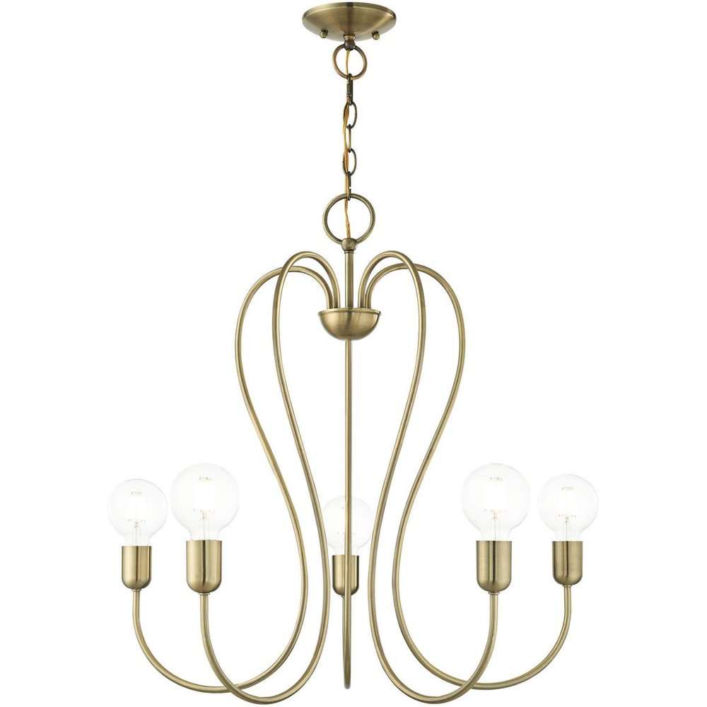 Antiqued Brass Five Light Metal Dimmable Chandelier With Shades