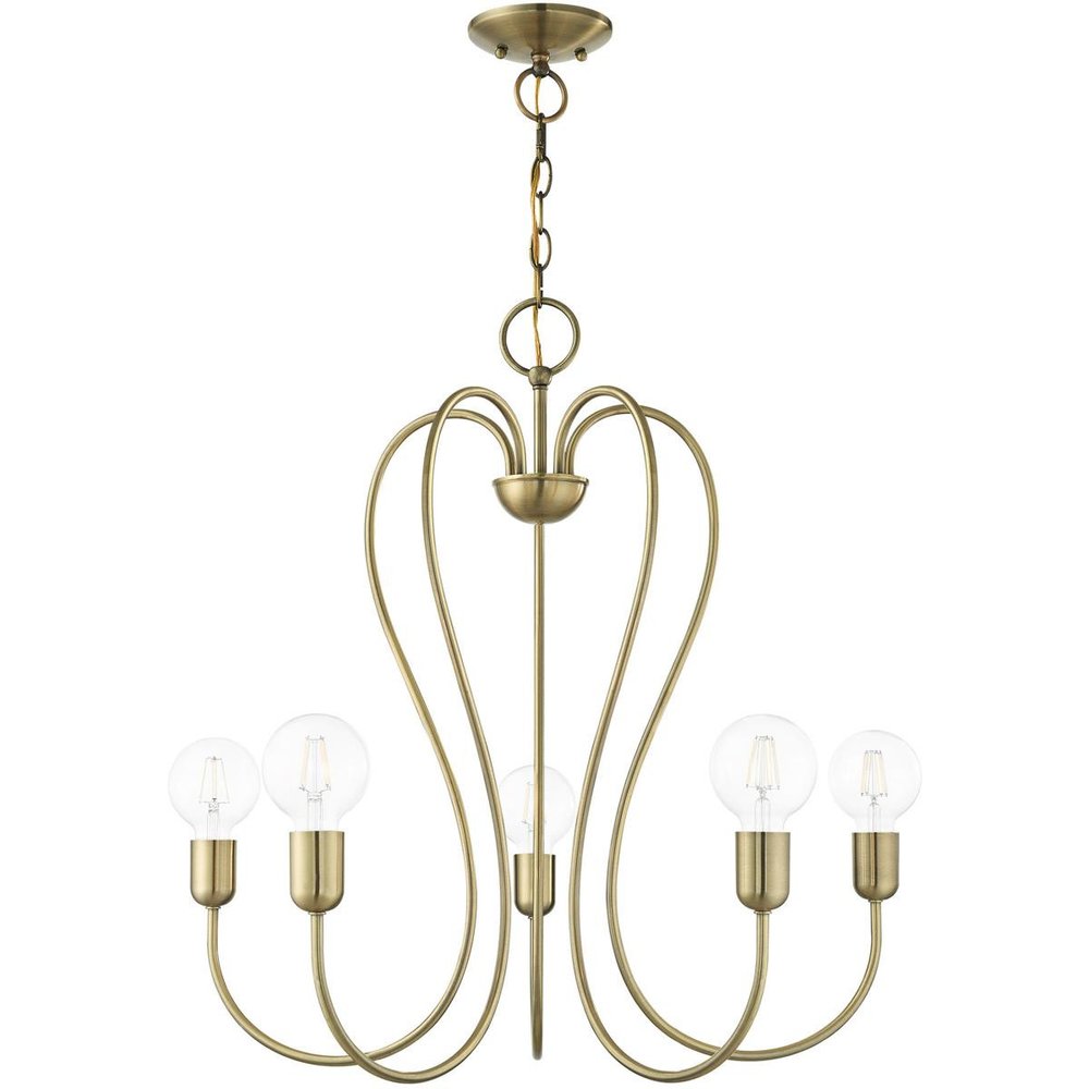 Antiqued Brass Five Light Metal Dimmable Chandelier With Shades