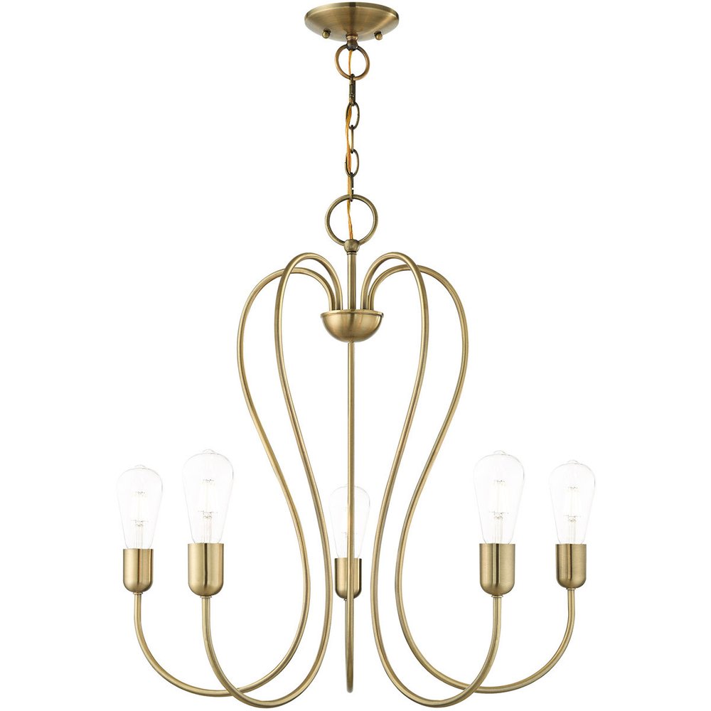 Antiqued Brass Five Light Metal Dimmable Chandelier With Shades