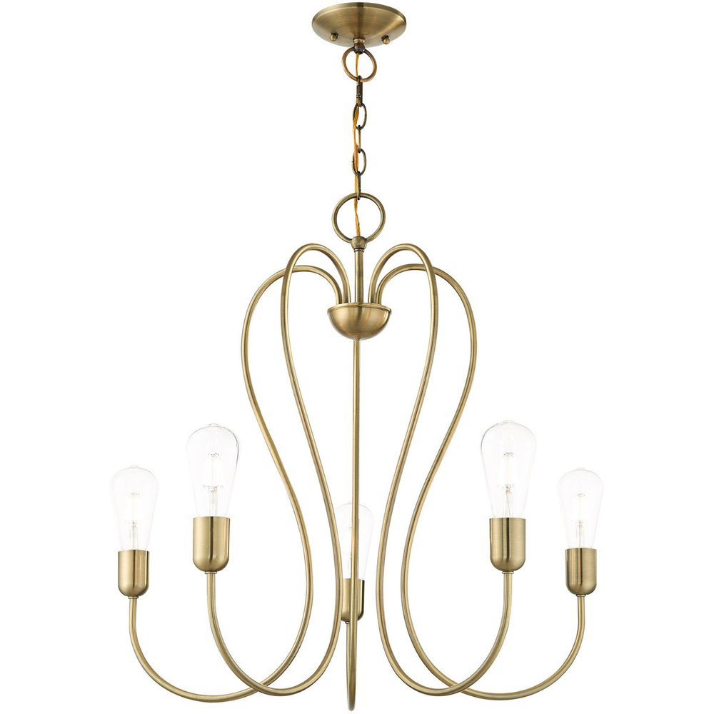 Antiqued Brass Five Light Metal Dimmable Chandelier With Shades
