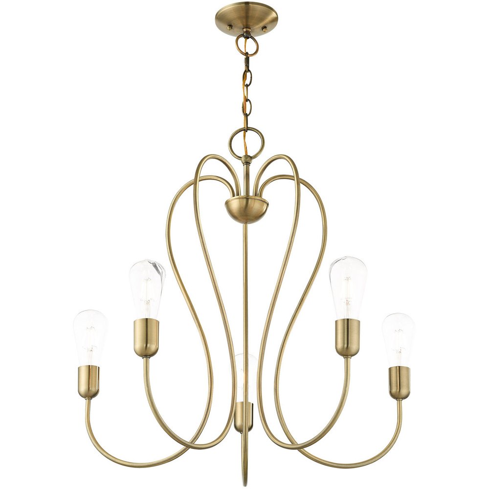 Antiqued Brass Five Light Metal Dimmable Chandelier With Shades