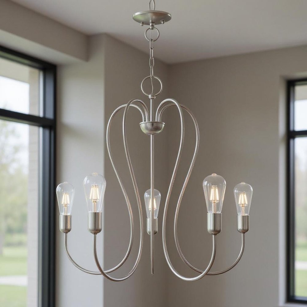 Nickel Five Light Metal Dimmable Chandelier With Shades