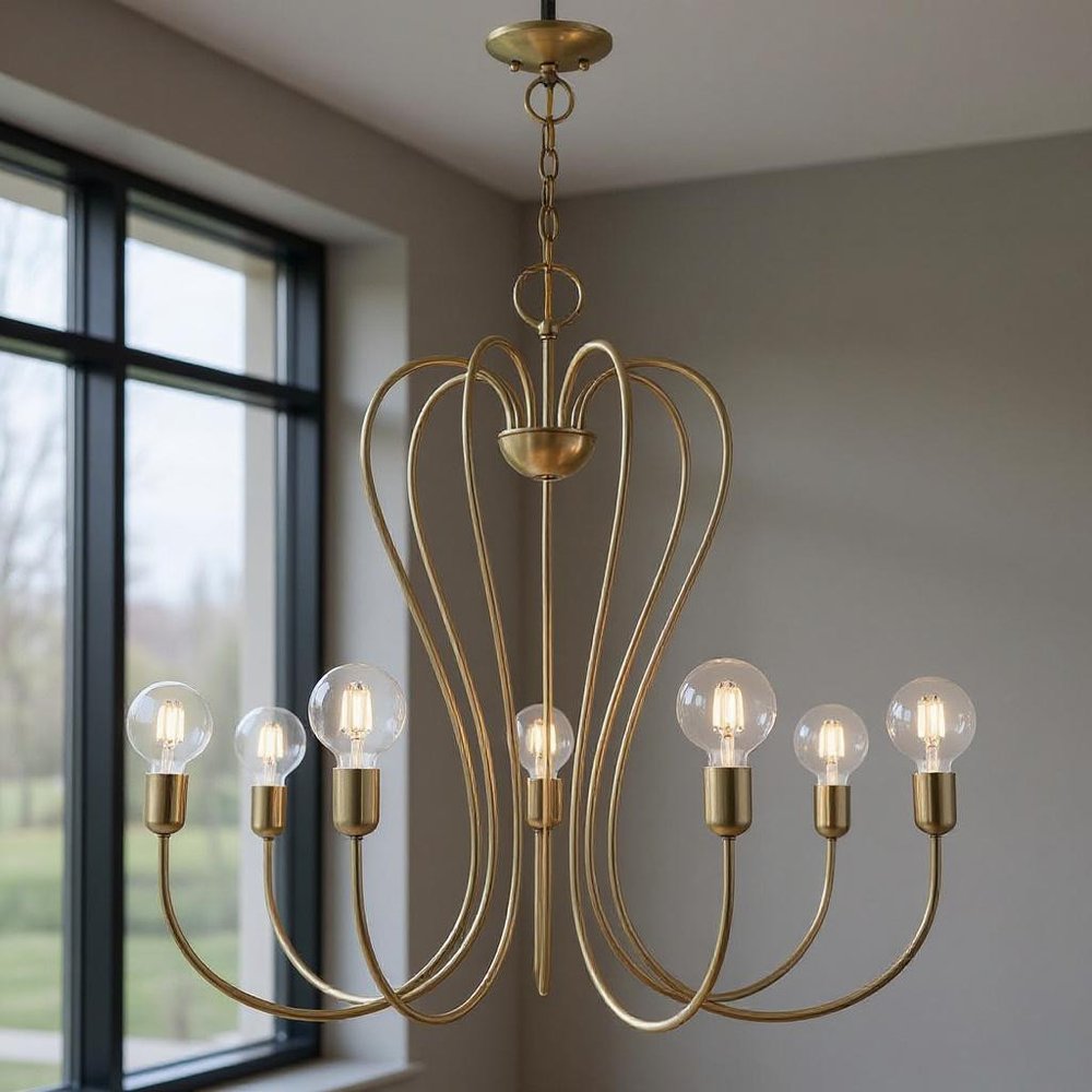 Antiqued Brass Seven Light Metal Dimmable Chandelier With Shades