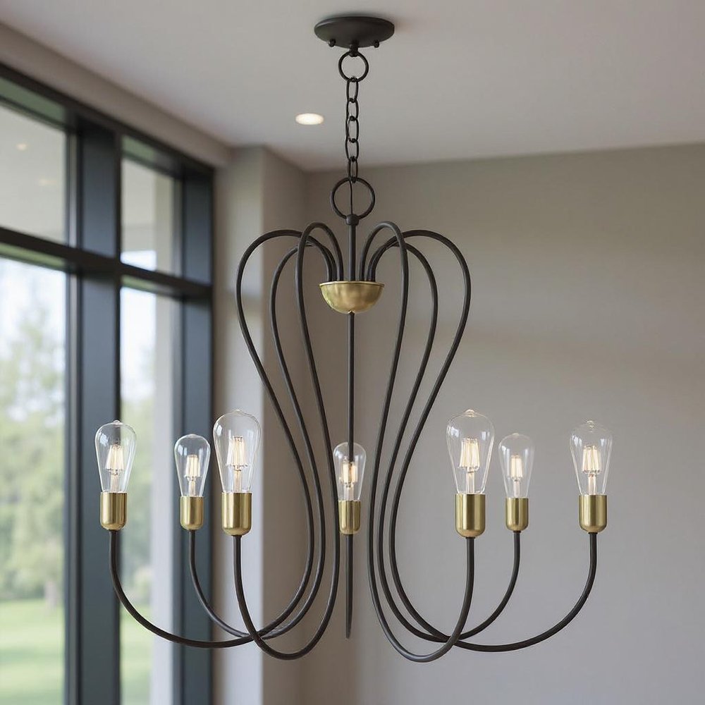Bronze Seven Light Metal Dimmable Chandelier With Shades