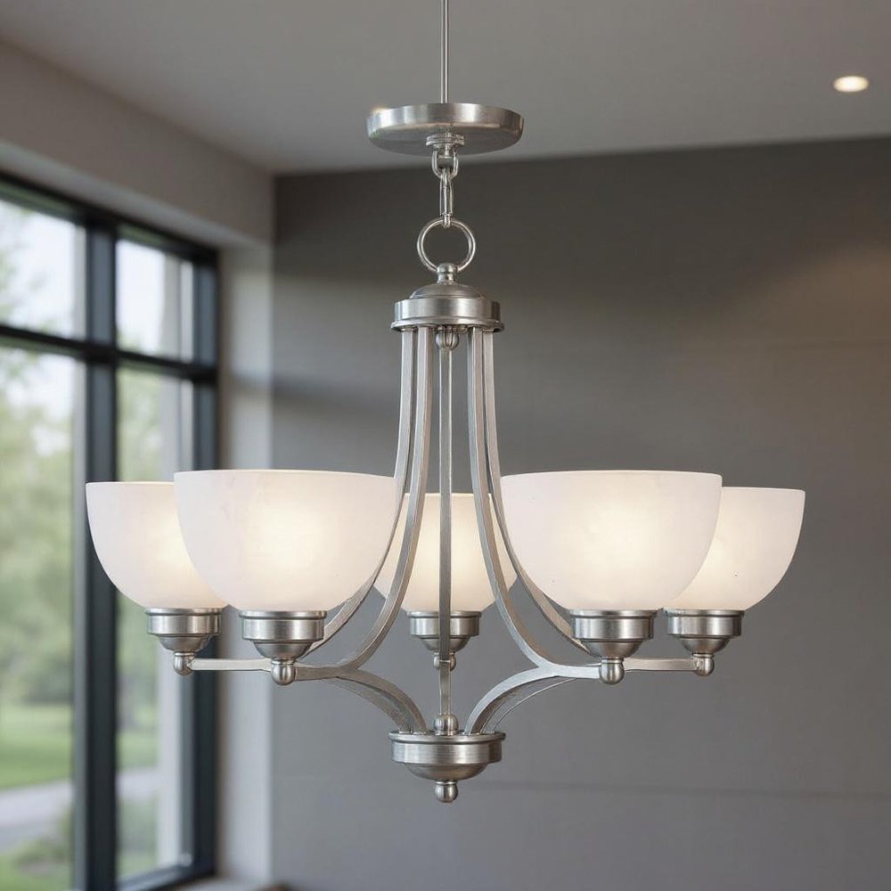 Nickel Five Light Metal Dimmable Chandelier With Shades