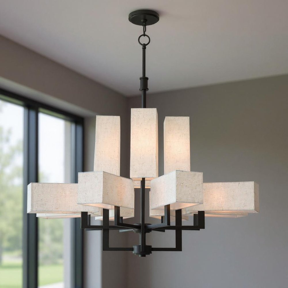Bronze Twelve Light Metal Dimmable Chandelier With Shades
