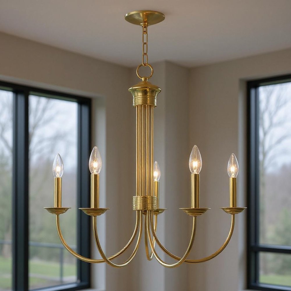 Brass Five Light Metal Dimmable Chandelier With Shades
