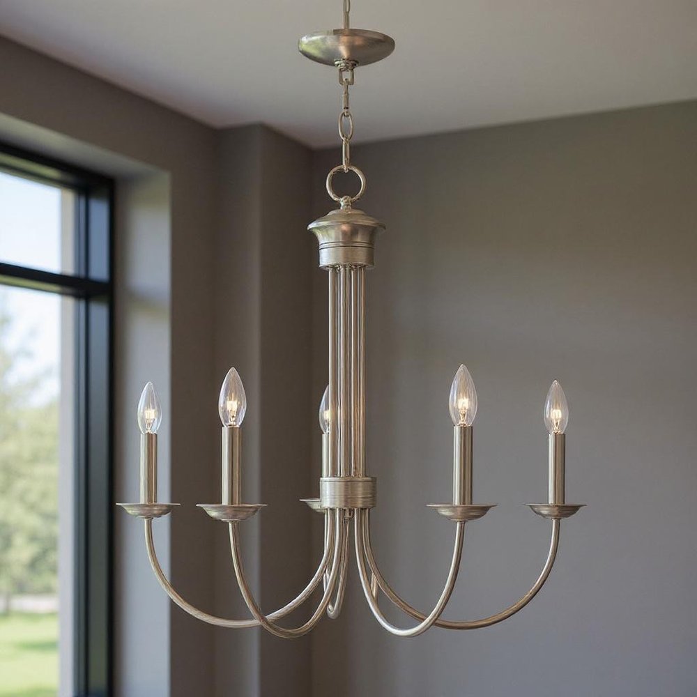 Nickel Five Light Metal Dimmable Chandelier With Shades
