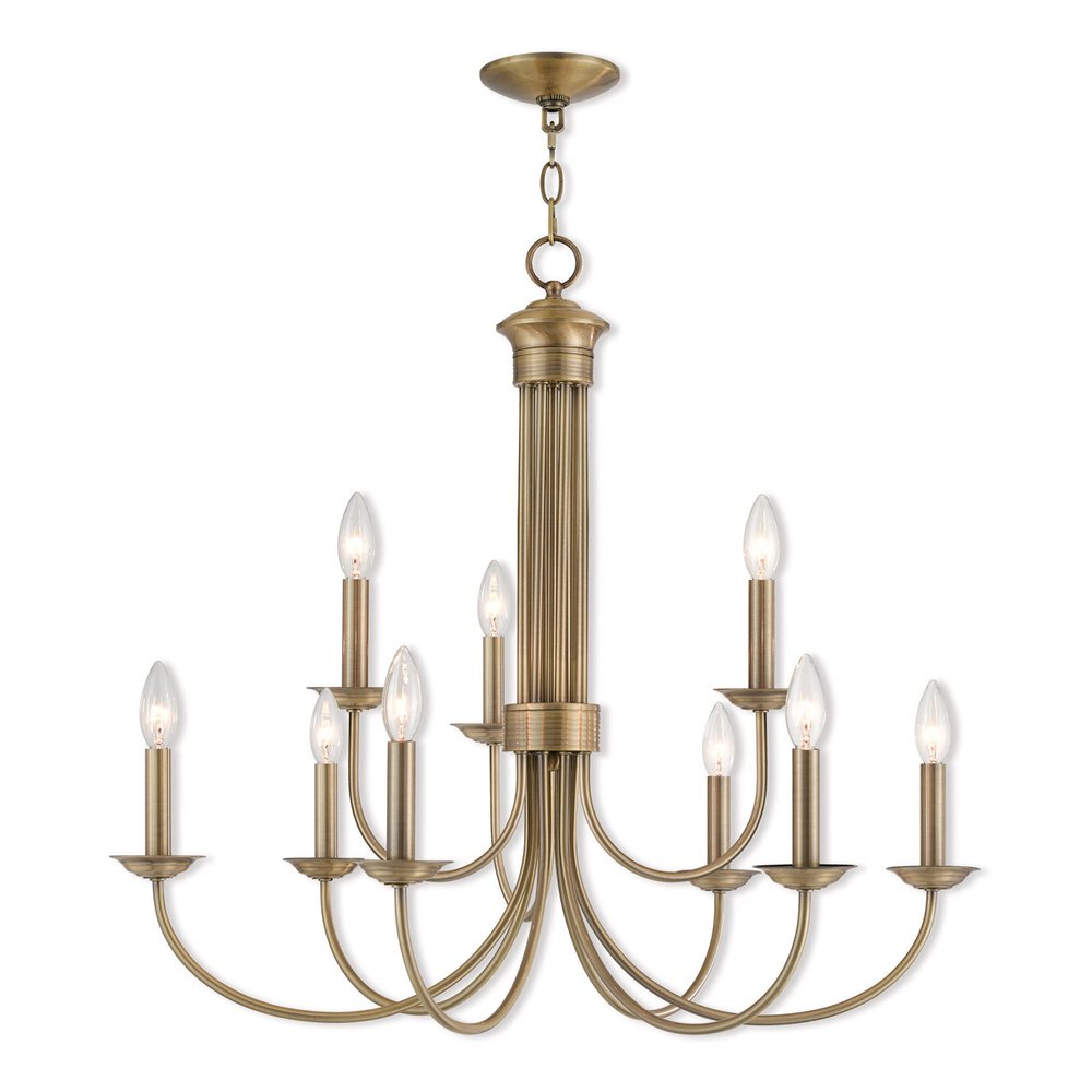 Antiqued Brass Nine Light Metal Dimmable Chandelier With Shades