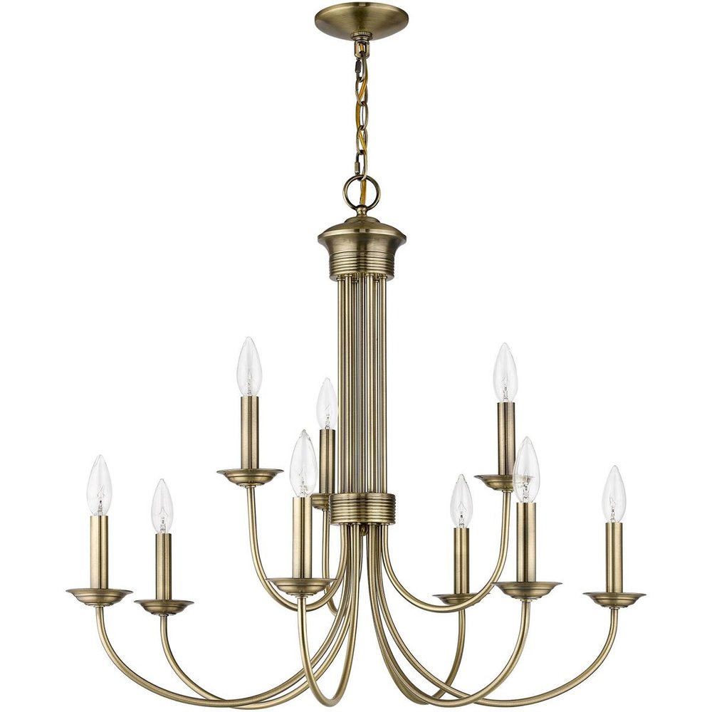 Antiqued Brass Nine Light Metal Dimmable Chandelier With Shades