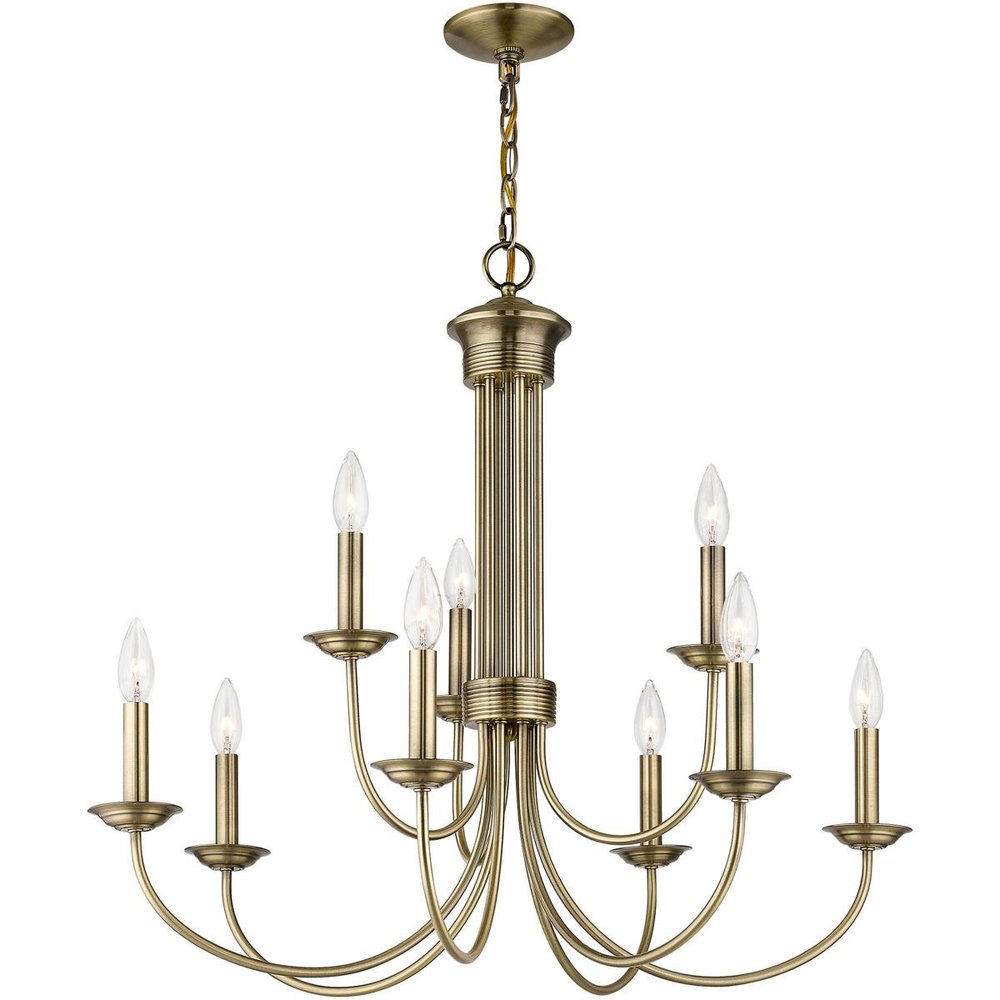 Antiqued Brass Nine Light Metal Dimmable Chandelier With Shades