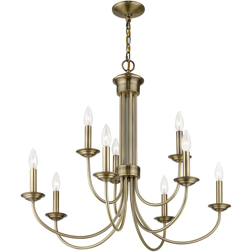 Antiqued Brass Nine Light Metal Dimmable Chandelier With Shades