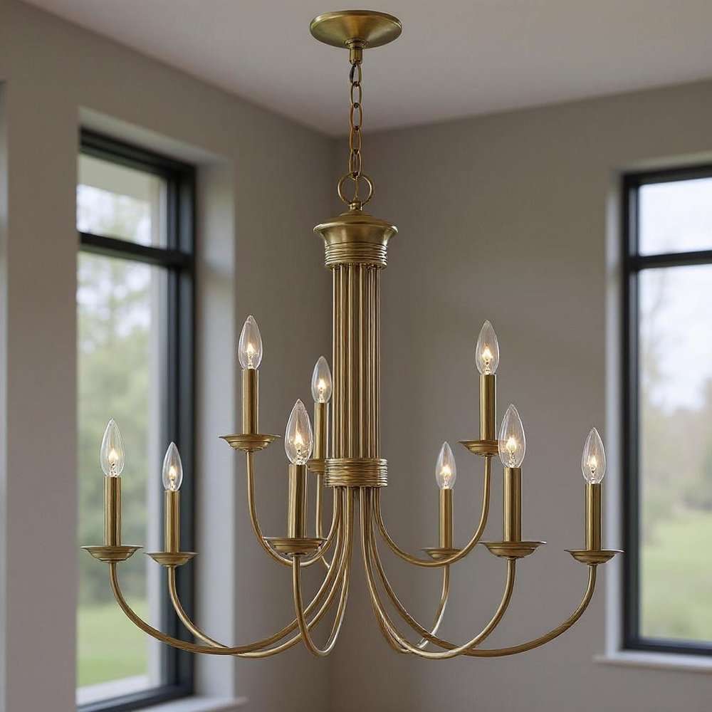 Antiqued Brass Nine Light Metal Dimmable Chandelier With Shades