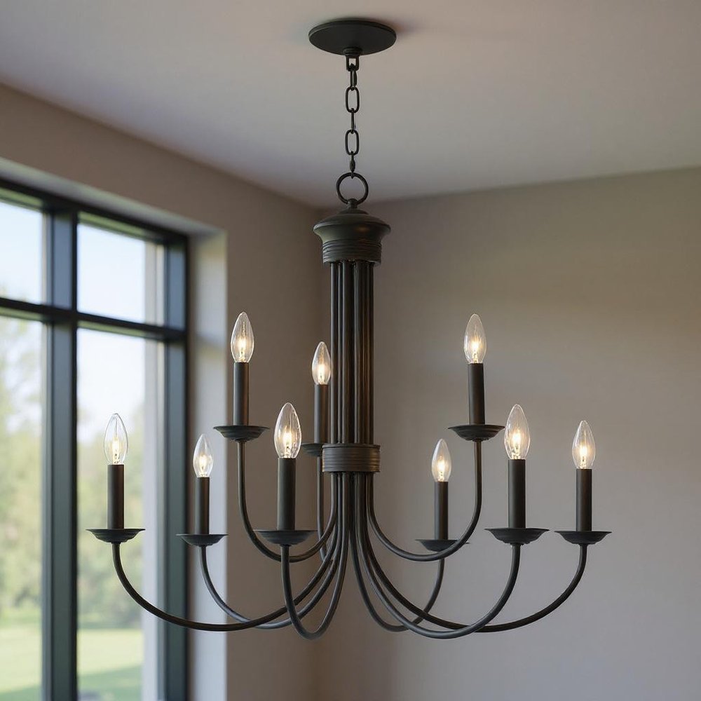 Bronze Nine Light Metal Dimmable Chandelier With Shades