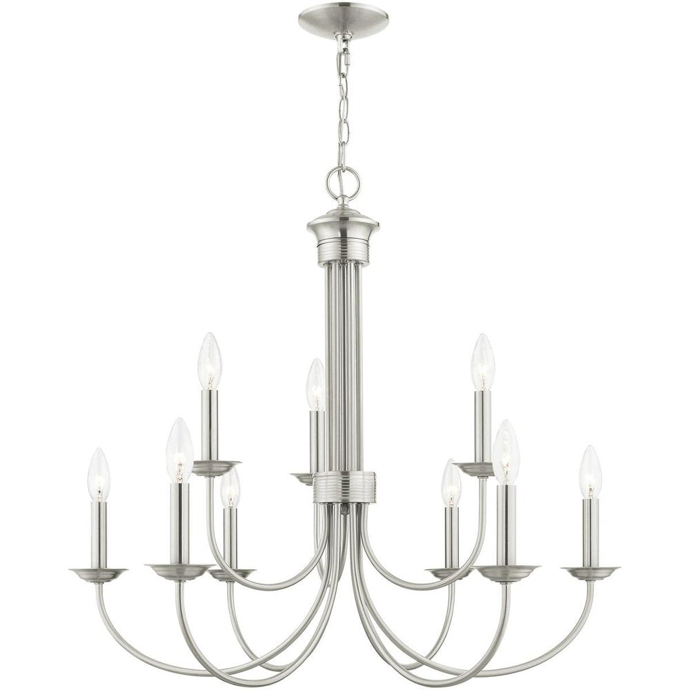Nickel Nine Light Metal Dimmable Chandelier With Shades