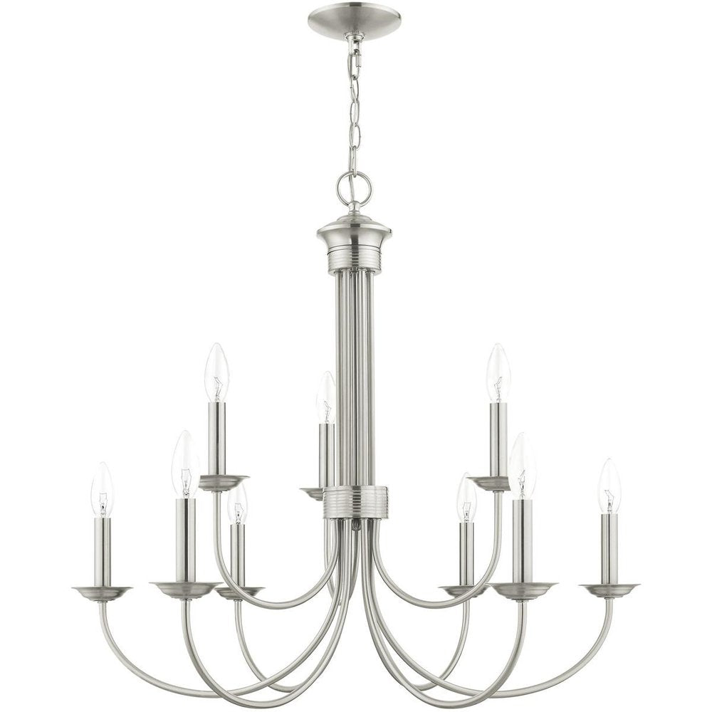 Nickel Nine Light Metal Dimmable Chandelier With Shades