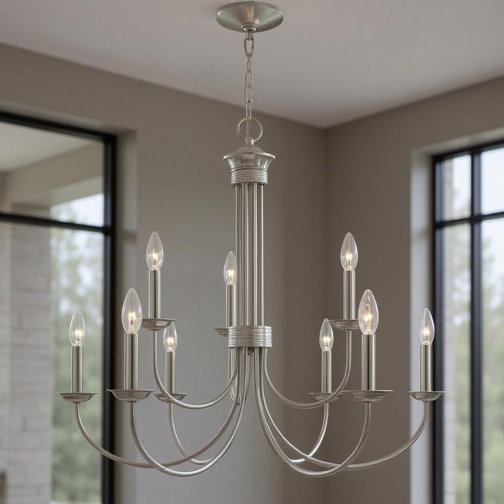 Nickel Nine Light Metal Dimmable Chandelier With Shades