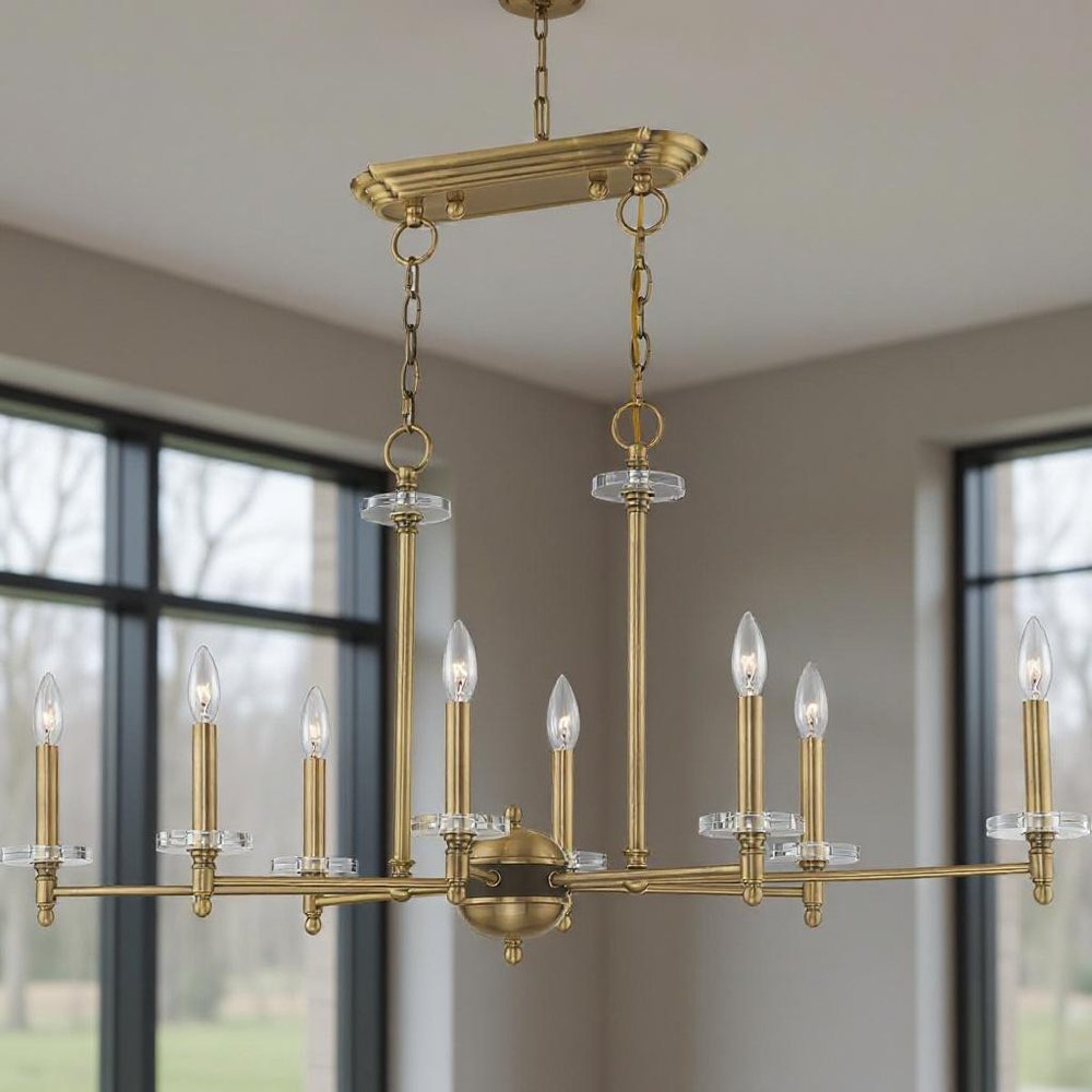 Antiqued Brass Eight Light Metal Dimmable Chandelier With Shades
