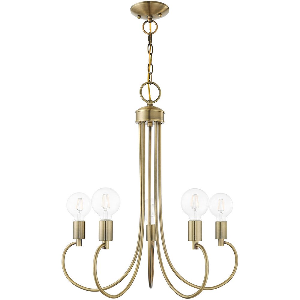 Antiqued Brass Five Light Metal Dimmable Chandelier With Shades