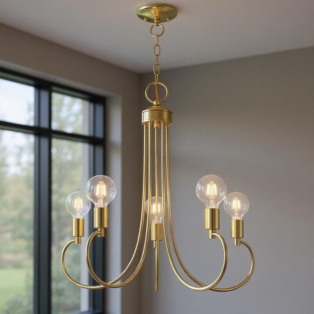Brass Five Light Metal Dimmable Chandelier With Shades