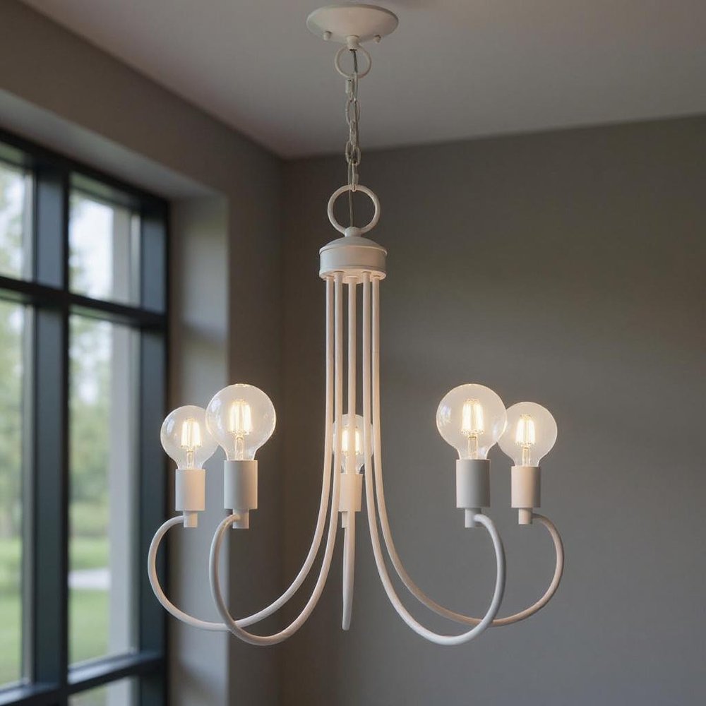 White Five Light Metal Dimmable Chandelier With Shades