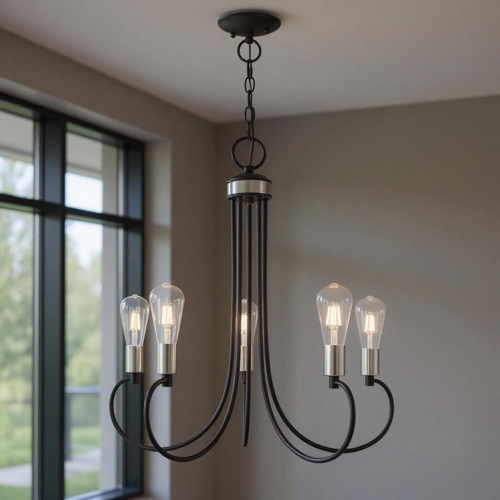 Black Five Light Metal Dimmable Chandelier With Shades