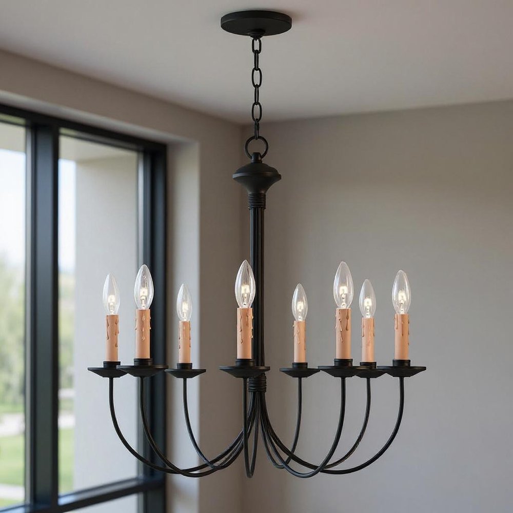 Black Eight Light Metal Dimmable Chandelier With Shades