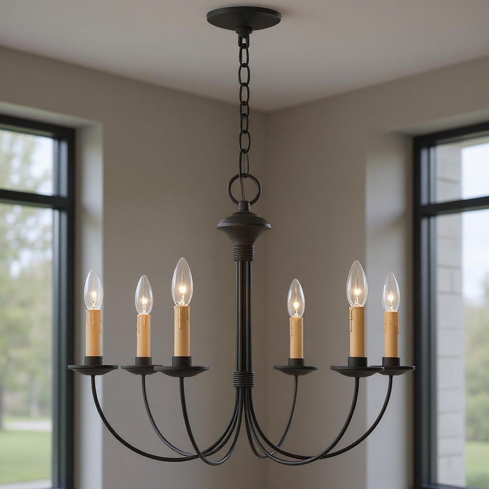 Black Six Light Metal Dimmable Chandelier With Shades