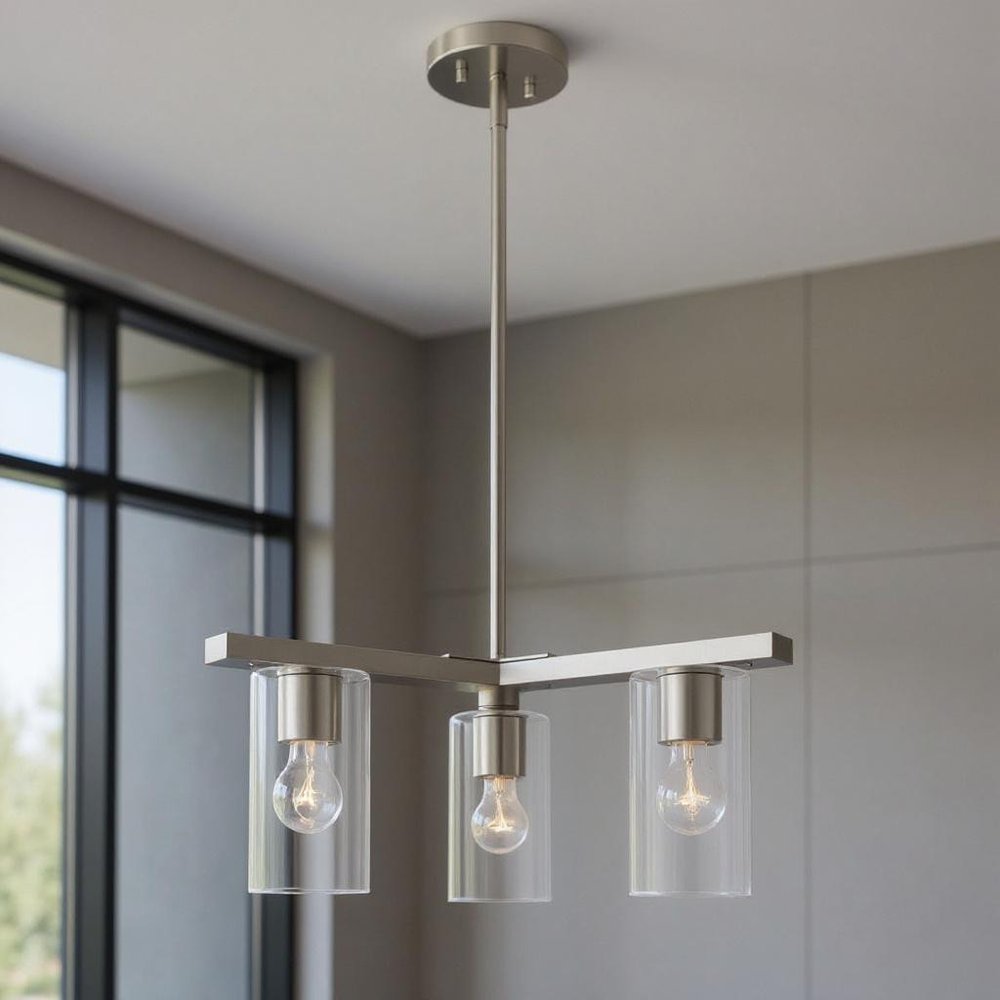 Nickel Three Light Metal Dimmable Chandelier With Shades