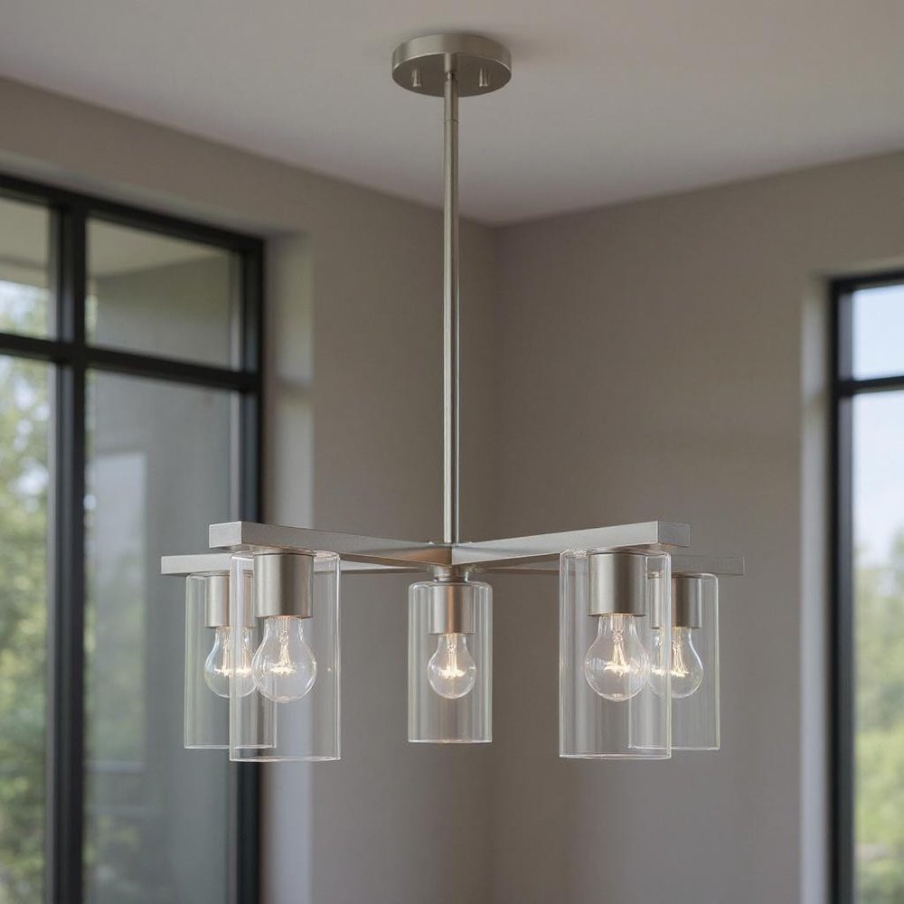 Nickel Five Light Metal Dimmable Chandelier With Shades