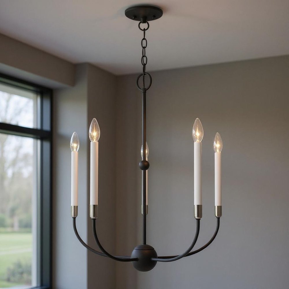 Black Five Light Metal Dimmable Chandelier With Shades