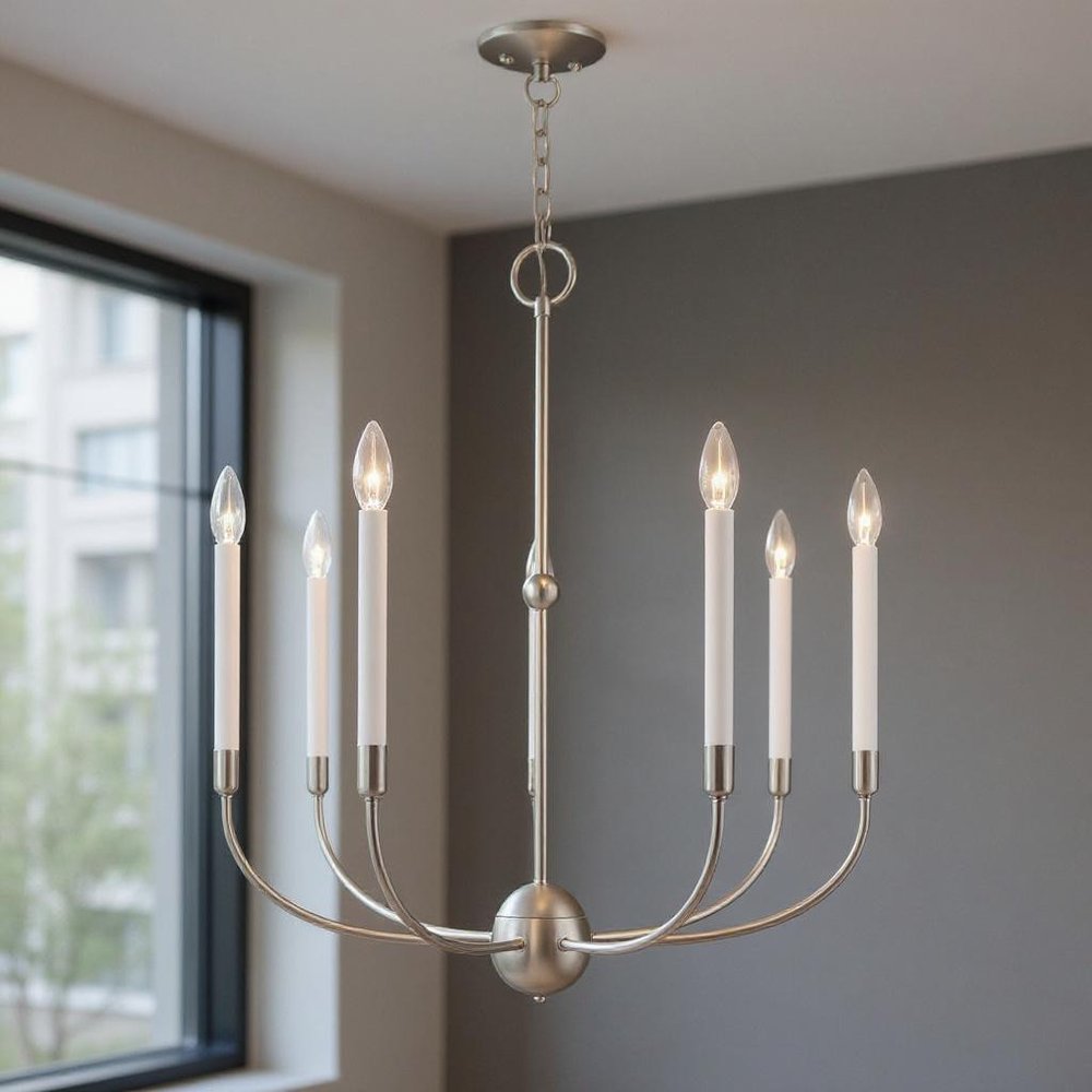 Nickel Seven Light Metal Dimmable Chandelier With Shades