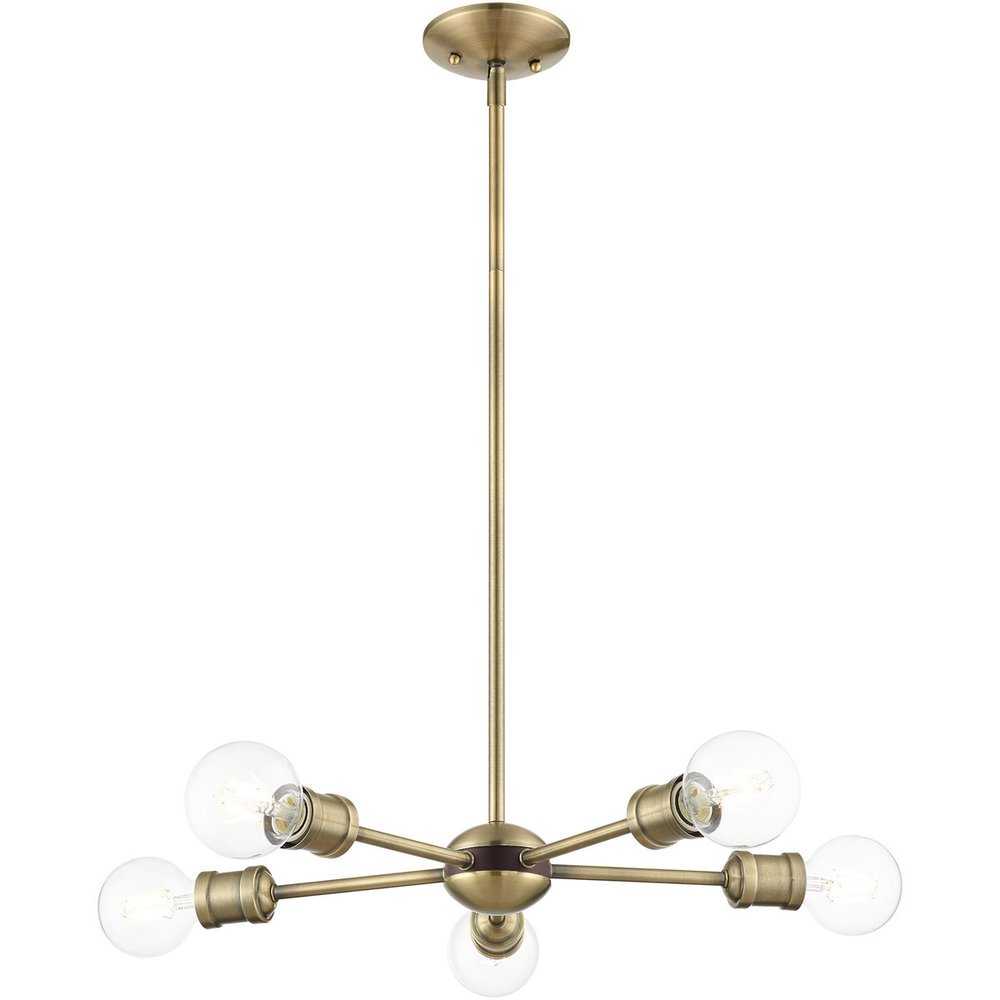Antiqued Brass Five Light Metal Dimmable Chandelier With Shades