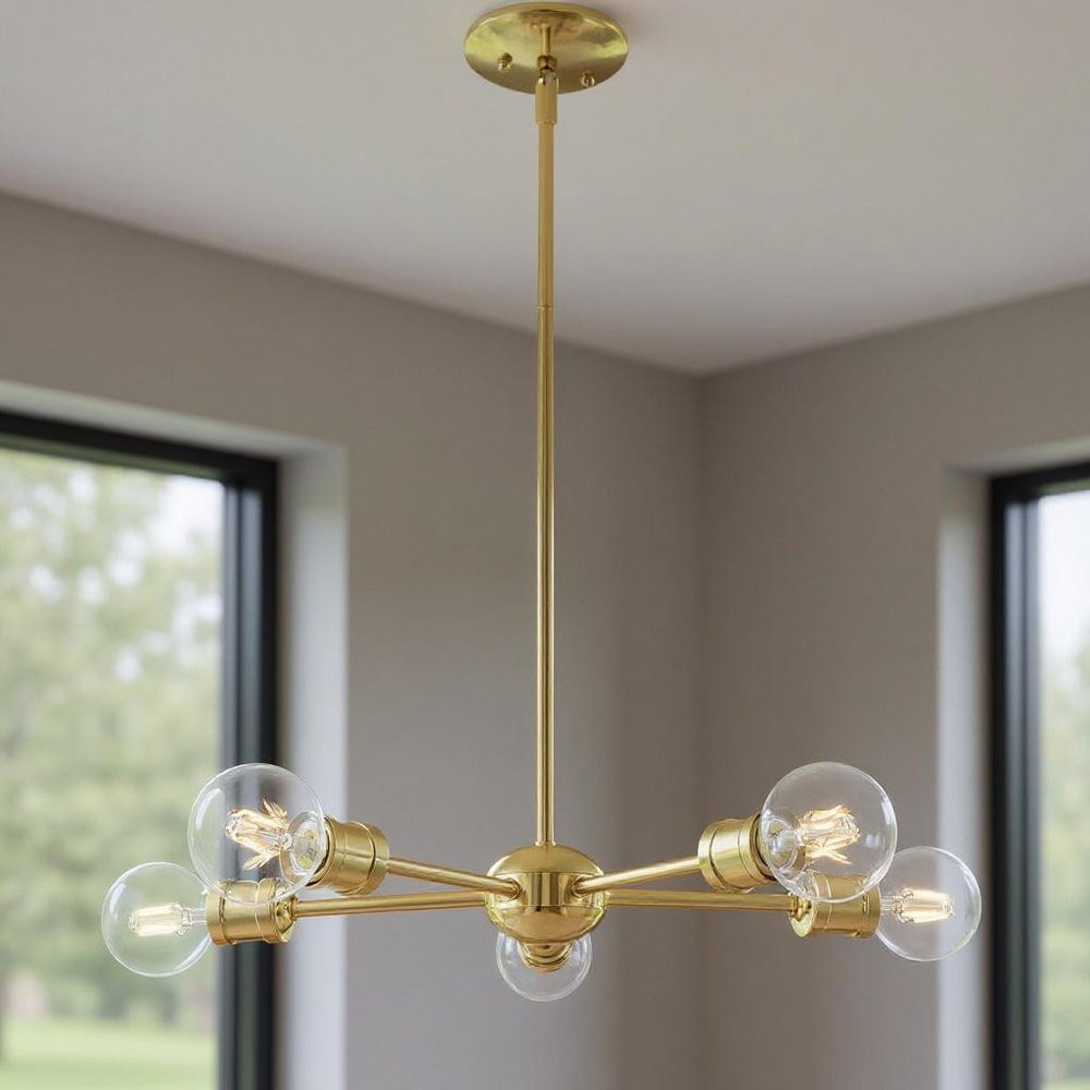 Brass Five Light Metal Dimmable Chandelier With Shades