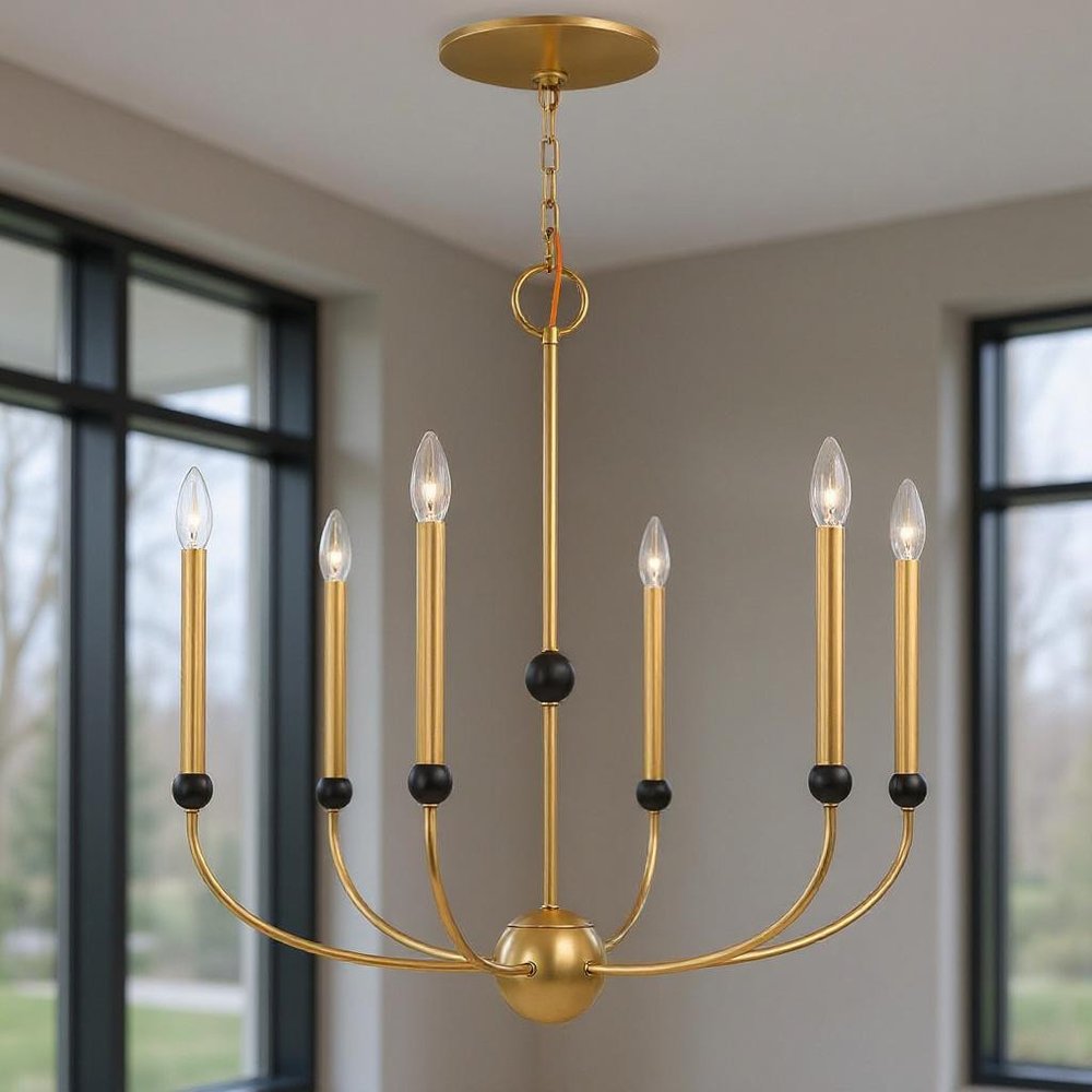 Brass Six Light Metal Dimmable Chandelier With Shades