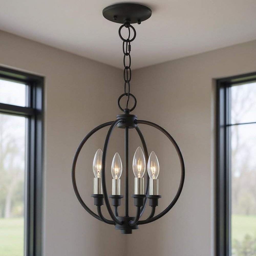 Black Four Light Metal Dimmable Chandelier With Shades