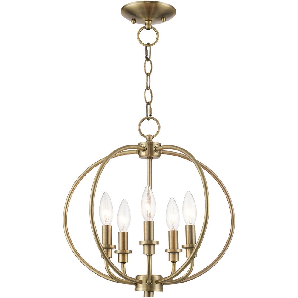 Antiqued Brass Five Light Metal Dimmable Chandelier With Shades